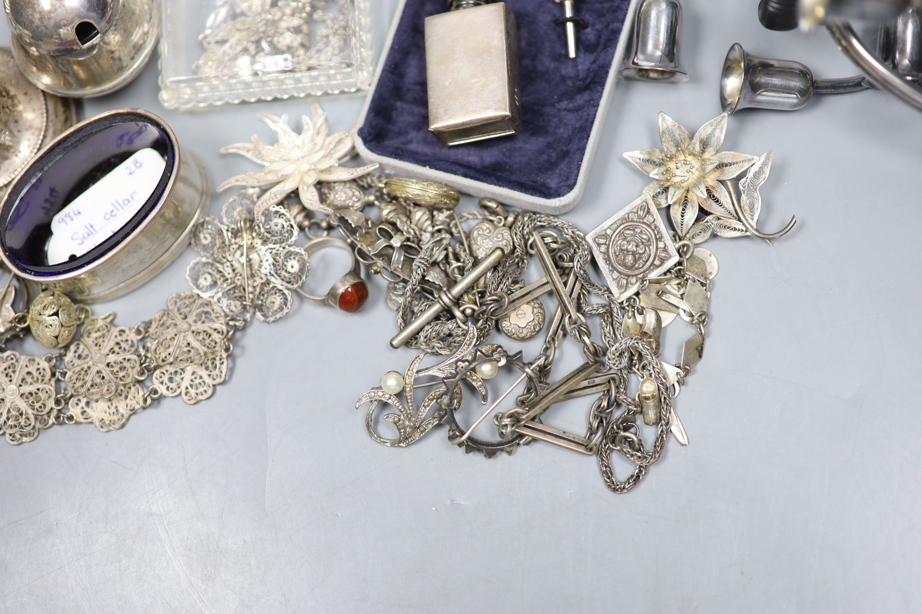 A group of assorted silver, white metal and plated items including jewellery and a pair of Svend Larsen miniature candelabra.